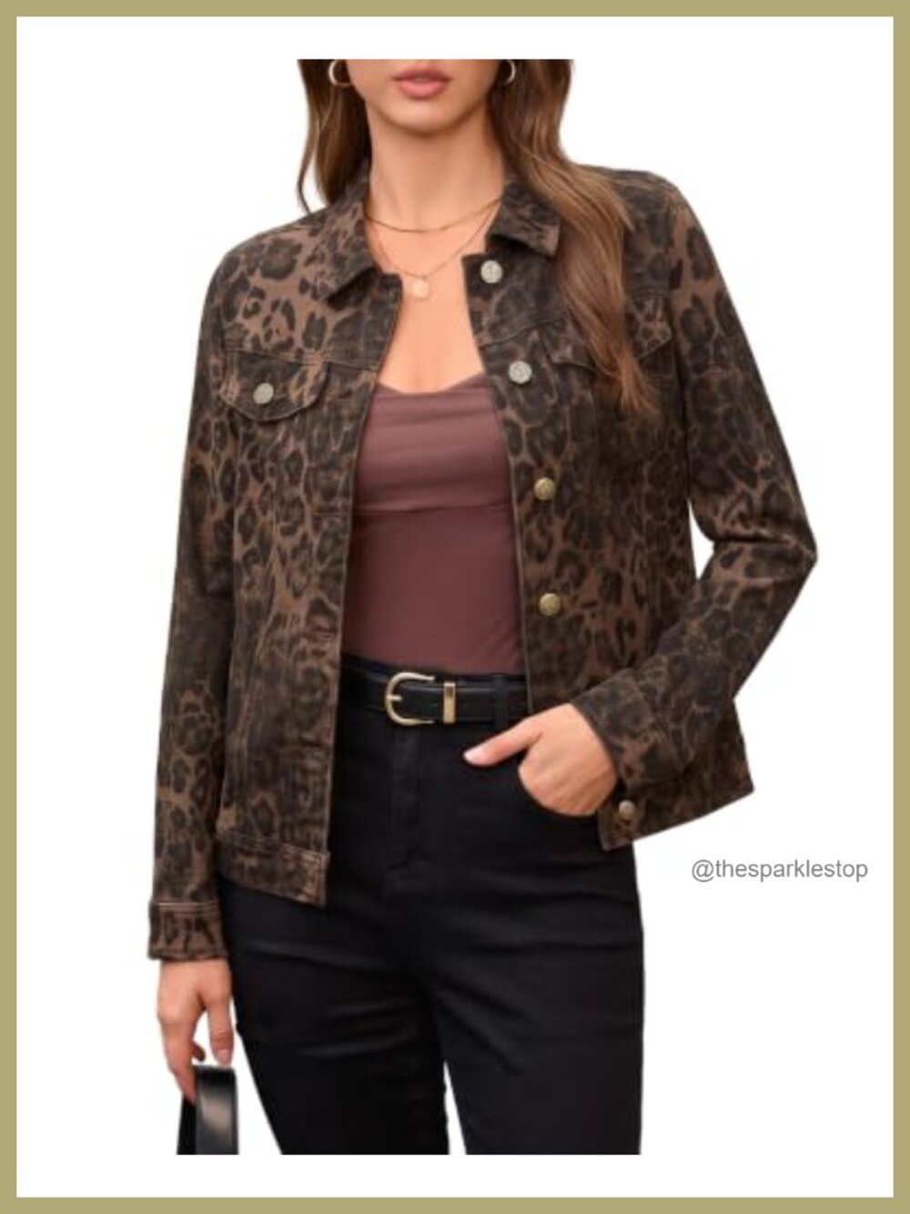 Women's Leopard Print Denim Trucker Jacket Cropped Stretch Cotton